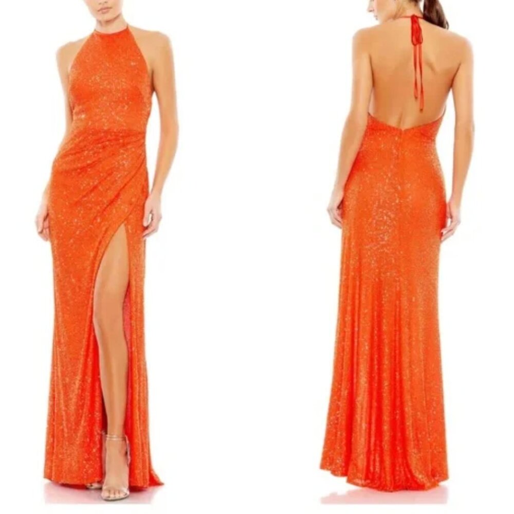 Ieena for Mac Duggal Sequin Tangerine Halter Gown Style #A26622  - Size 12/14